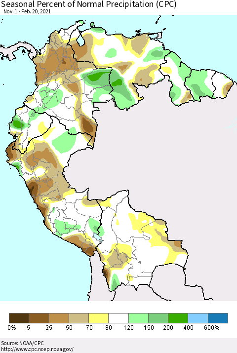 Northern South America Seasonal Percent of Normal Precipitation (CPC) Thematic Map For 11/1/2020 - 2/20/2021