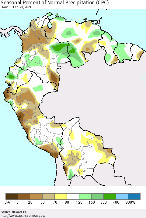 Northern South America Seasonal Percent of Normal Precipitation (CPC) Thematic Map For 11/1/2020 - 2/28/2021