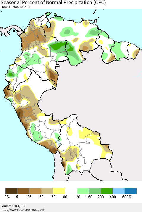 Northern South America Seasonal Percent of Normal Precipitation (CPC) Thematic Map For 11/1/2020 - 3/10/2021