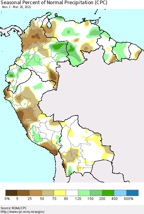 Northern South America Seasonal Percent of Normal Precipitation (CPC) Thematic Map For 11/1/2020 - 3/20/2021