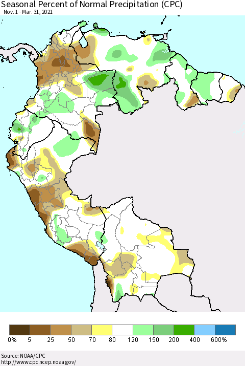 Northern South America Seasonal Percent of Normal Precipitation (CPC) Thematic Map For 11/1/2020 - 3/31/2021
