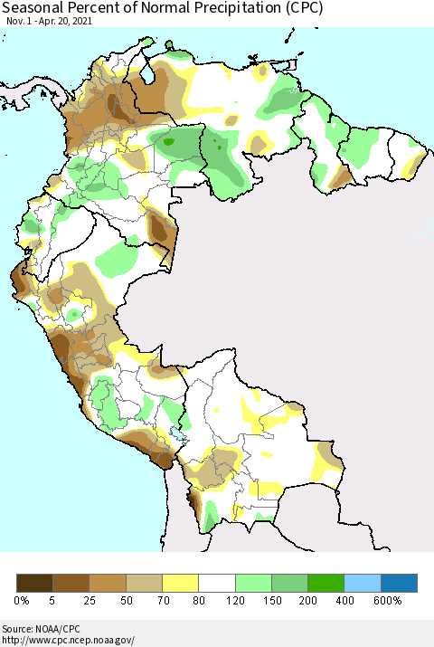 Northern South America Seasonal Percent of Normal Precipitation (CPC) Thematic Map For 11/1/2020 - 4/20/2021