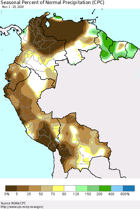 Northern South America Seasonal Percent of Normal Precipitation (CPC) Thematic Map For 11/1/2020 - 11/20/2020
