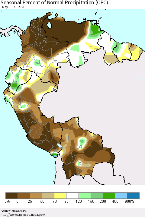 Northern South America Seasonal Percent of Normal Precipitation (CPC) Thematic Map For 5/1/2021 - 5/20/2021