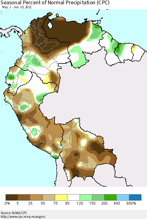 Northern South America Seasonal Percent of Normal Precipitation (CPC) Thematic Map For 5/1/2021 - 6/10/2021