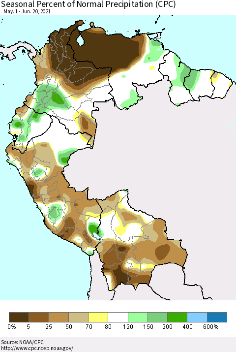 Northern South America Seasonal Percent of Normal Precipitation (CPC) Thematic Map For 5/1/2021 - 6/20/2021
