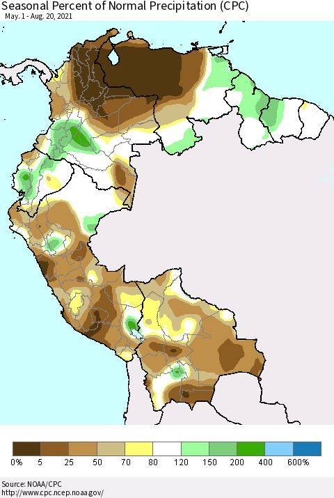 Northern South America Seasonal Percent of Normal Precipitation (CPC) Thematic Map For 5/1/2021 - 8/20/2021