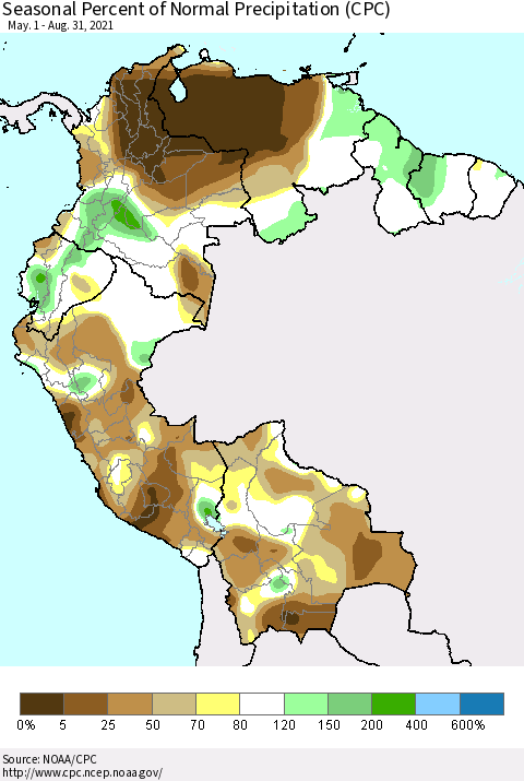 Northern South America Seasonal Percent of Normal Precipitation (CPC) Thematic Map For 5/1/2021 - 8/31/2021