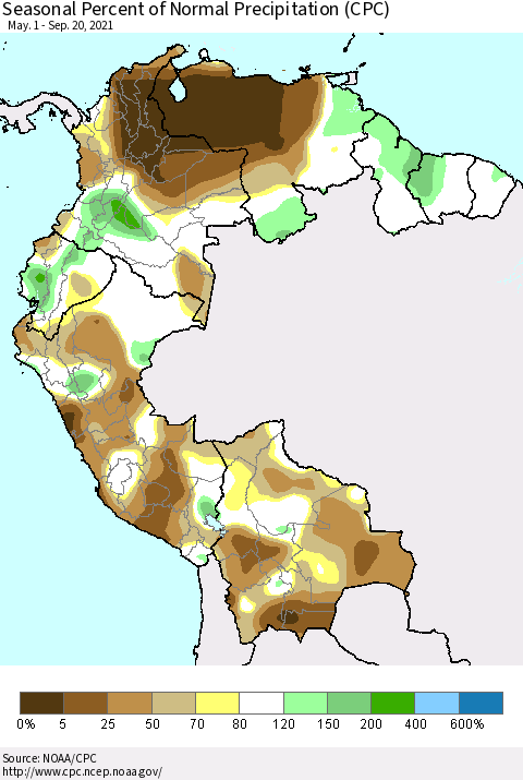 Northern South America Seasonal Percent of Normal Precipitation (CPC) Thematic Map For 5/1/2021 - 9/20/2021