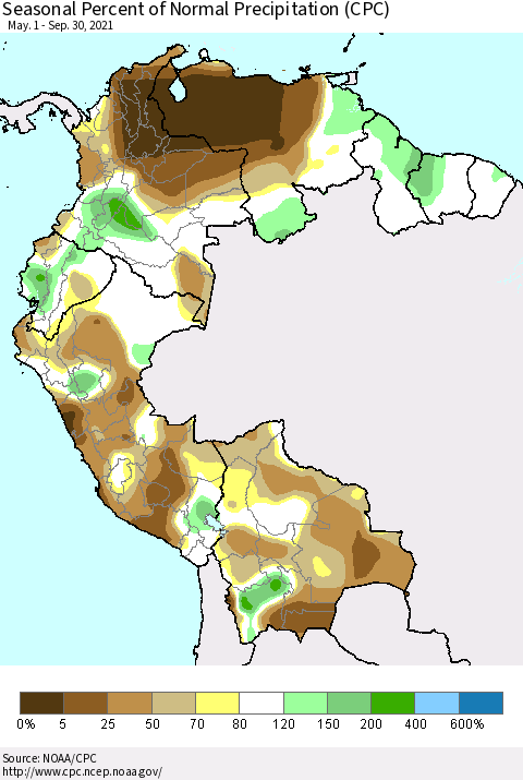 Northern South America Seasonal Percent of Normal Precipitation (CPC) Thematic Map For 5/1/2021 - 9/30/2021