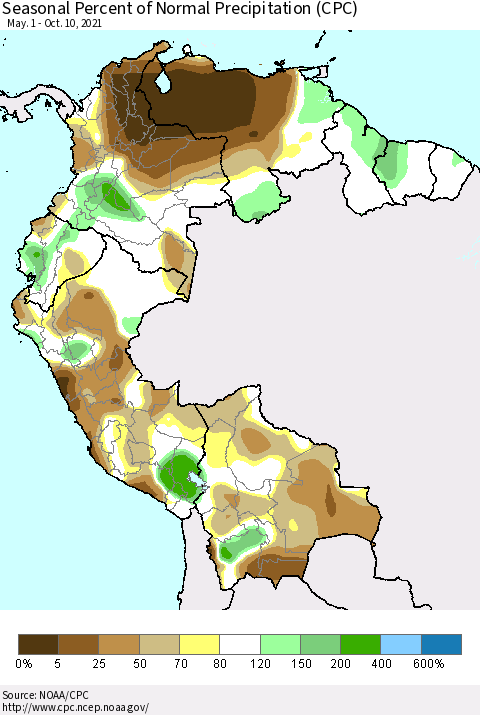 Northern South America Seasonal Percent of Normal Precipitation (CPC) Thematic Map For 5/1/2021 - 10/10/2021