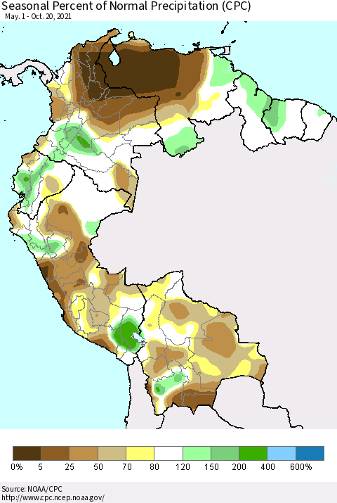 Northern South America Seasonal Percent of Normal Precipitation (CPC) Thematic Map For 5/1/2021 - 10/20/2021