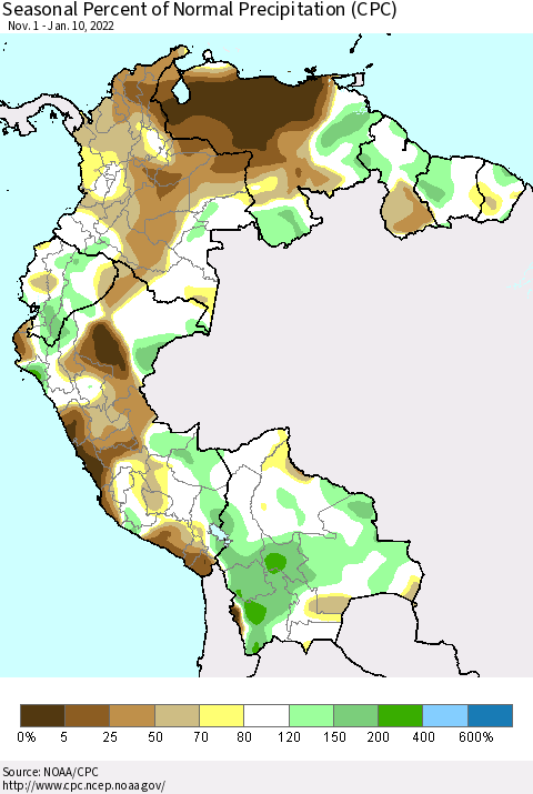Northern South America Seasonal Percent of Normal Precipitation (CPC) Thematic Map For 11/1/2021 - 1/10/2022
