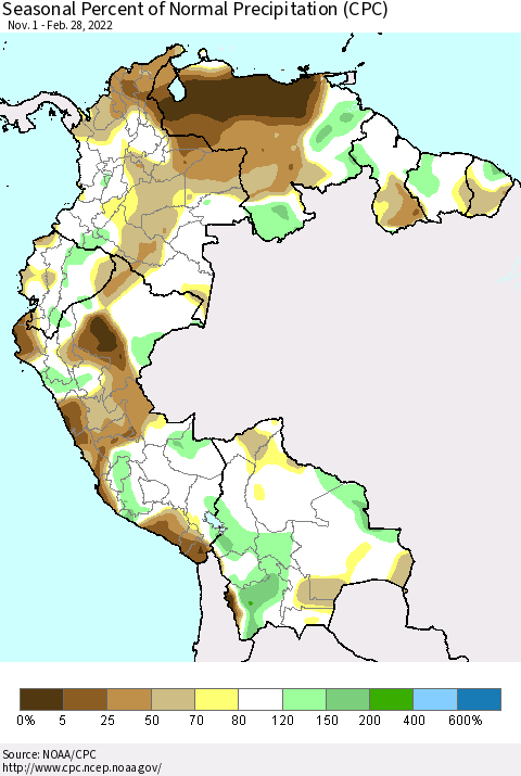 Northern South America Seasonal Percent of Normal Precipitation (CPC) Thematic Map For 11/1/2021 - 2/28/2022