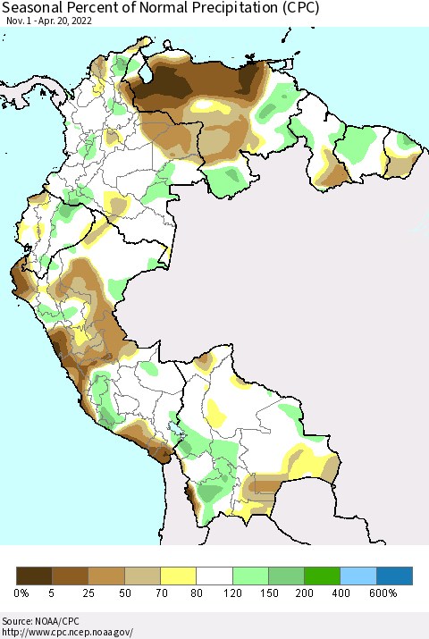 Northern South America Seasonal Percent of Normal Precipitation (CPC) Thematic Map For 11/1/2021 - 4/20/2022