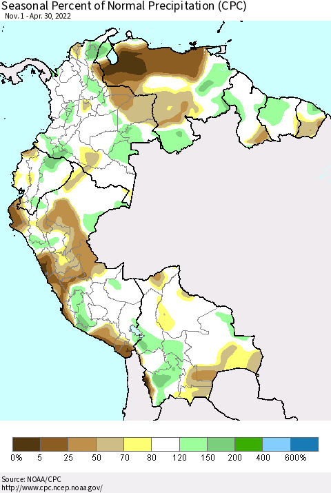 Northern South America Seasonal Percent of Normal Precipitation (CPC) Thematic Map For 11/1/2021 - 4/30/2022