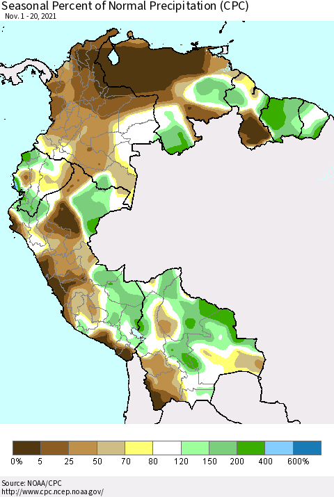 Northern South America Seasonal Percent of Normal Precipitation (CPC) Thematic Map For 11/1/2021 - 11/20/2021