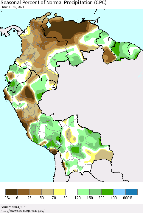 Northern South America Seasonal Percent of Normal Precipitation (CPC) Thematic Map For 11/1/2021 - 11/30/2021