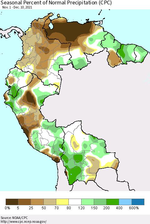 Northern South America Seasonal Percent of Normal Precipitation (CPC) Thematic Map For 11/1/2021 - 12/10/2021
