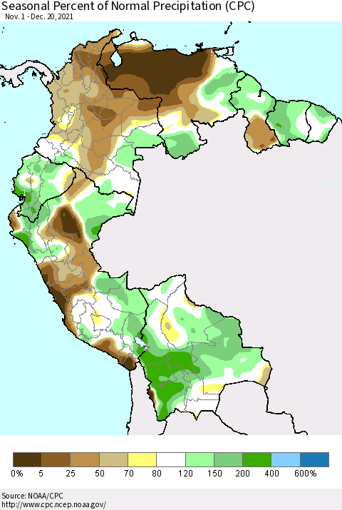 Northern South America Seasonal Percent of Normal Precipitation (CPC) Thematic Map For 11/1/2021 - 12/20/2021