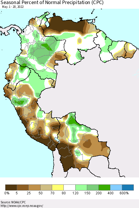 Northern South America Seasonal Percent of Normal Precipitation (CPC) Thematic Map For 5/1/2022 - 5/20/2022