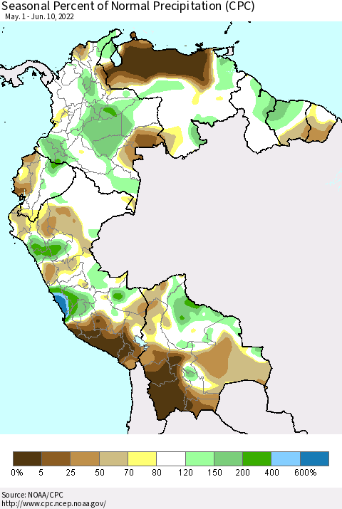 Northern South America Seasonal Percent of Normal Precipitation (CPC) Thematic Map For 5/1/2022 - 6/10/2022