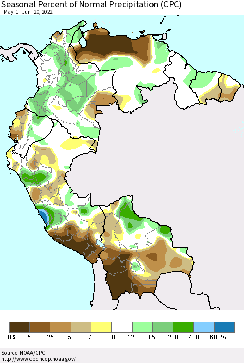 Northern South America Seasonal Percent of Normal Precipitation (CPC) Thematic Map For 5/1/2022 - 6/20/2022