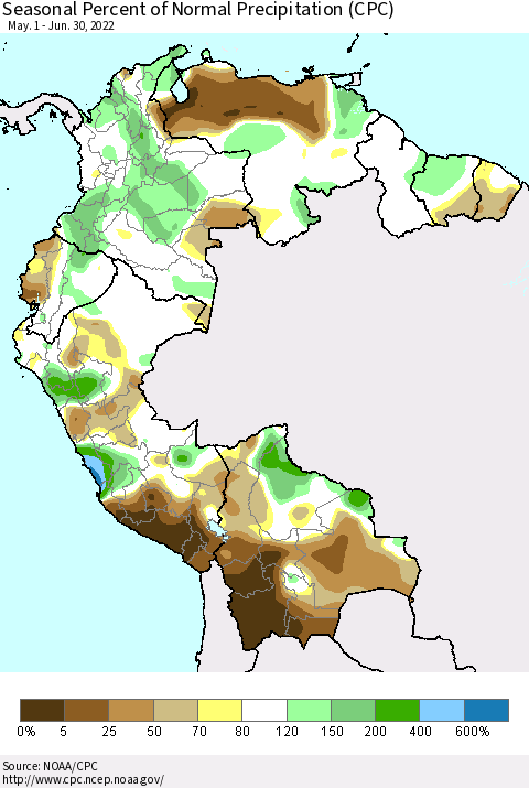Northern South America Seasonal Percent of Normal Precipitation (CPC) Thematic Map For 5/1/2022 - 6/30/2022