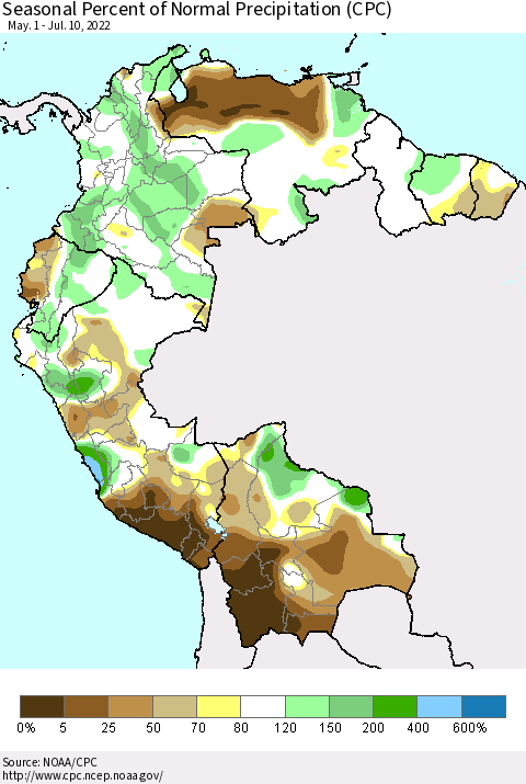 Northern South America Seasonal Percent of Normal Precipitation (CPC) Thematic Map For 5/1/2022 - 7/10/2022