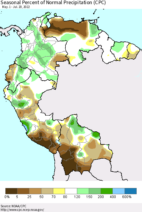 Northern South America Seasonal Percent of Normal Precipitation (CPC) Thematic Map For 5/1/2022 - 7/20/2022
