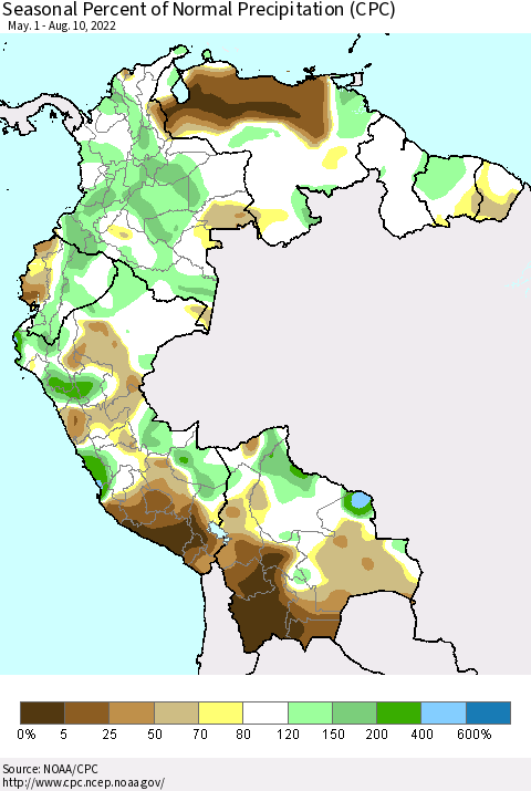 Northern South America Seasonal Percent of Normal Precipitation (CPC) Thematic Map For 5/1/2022 - 8/10/2022