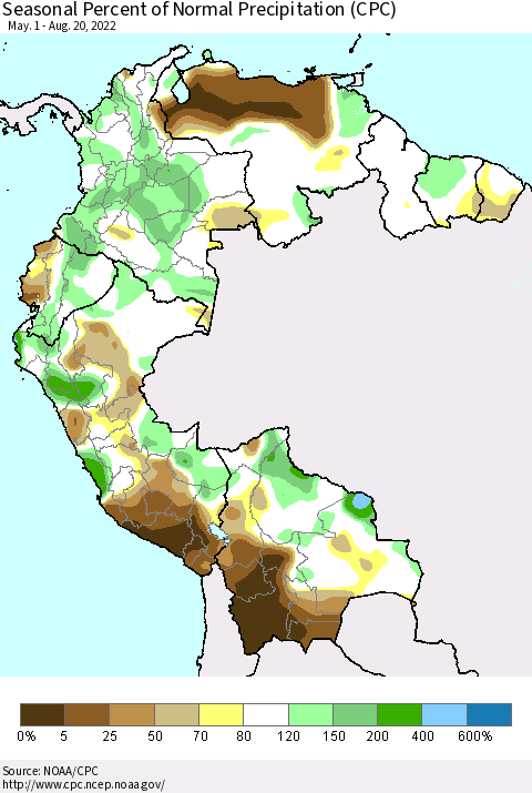 Northern South America Seasonal Percent of Normal Precipitation (CPC) Thematic Map For 5/1/2022 - 8/20/2022