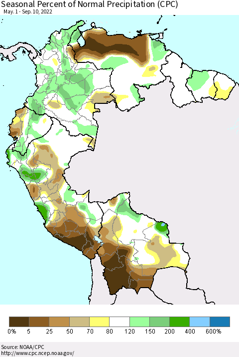 Northern South America Seasonal Percent of Normal Precipitation (CPC) Thematic Map For 5/1/2022 - 9/10/2022