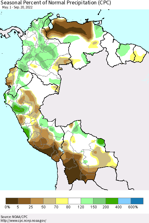 Northern South America Seasonal Percent of Normal Precipitation (CPC) Thematic Map For 5/1/2022 - 9/20/2022