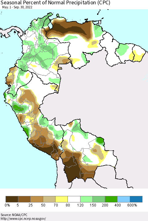Northern South America Seasonal Percent of Normal Precipitation (CPC) Thematic Map For 5/1/2022 - 9/30/2022
