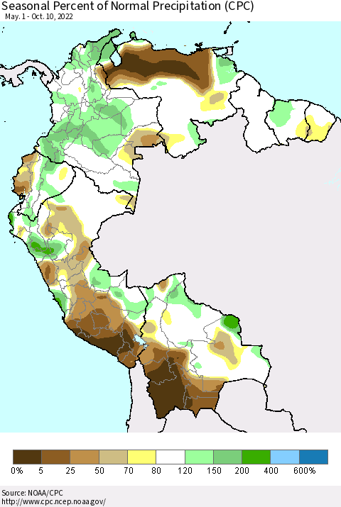 Northern South America Seasonal Percent of Normal Precipitation (CPC) Thematic Map For 5/1/2022 - 10/10/2022