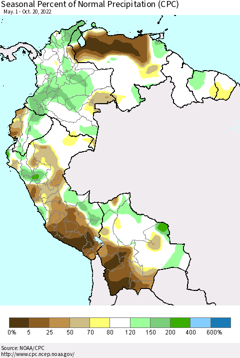 Northern South America Seasonal Percent of Normal Precipitation (CPC) Thematic Map For 5/1/2022 - 10/20/2022