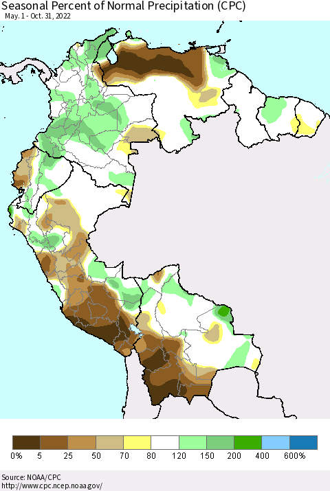 Northern South America Seasonal Percent of Normal Precipitation (CPC) Thematic Map For 5/1/2022 - 10/31/2022