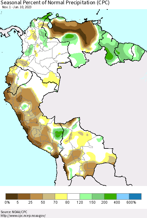 Northern South America Seasonal Percent of Normal Precipitation (CPC) Thematic Map For 11/1/2022 - 1/10/2023