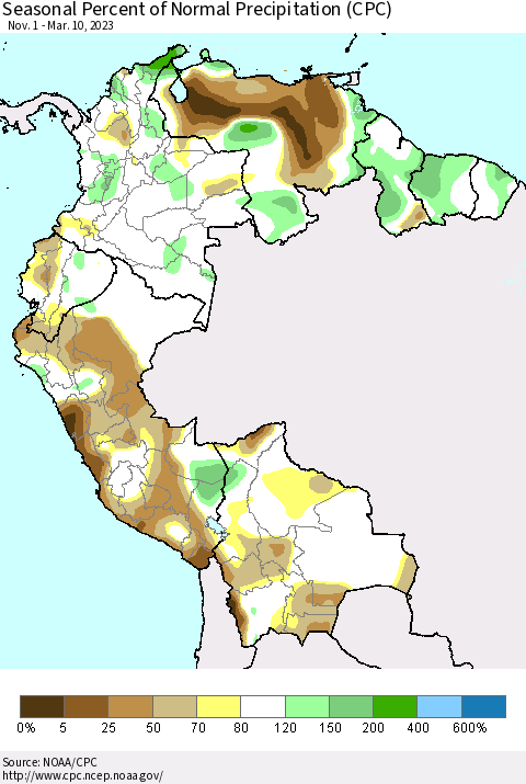 Northern South America Seasonal Percent of Normal Precipitation (CPC) Thematic Map For 11/1/2022 - 3/10/2023