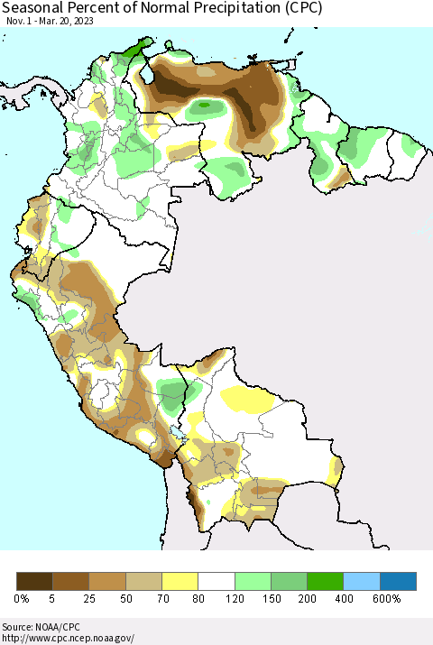Northern South America Seasonal Percent of Normal Precipitation (CPC) Thematic Map For 11/1/2022 - 3/20/2023