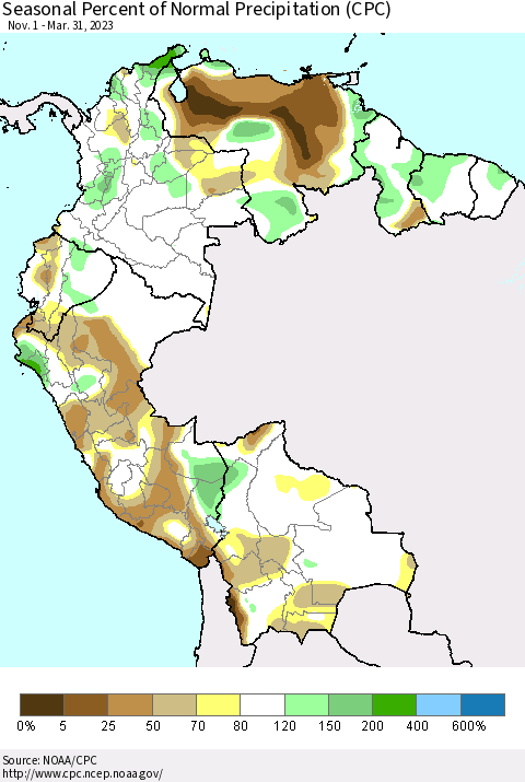 Northern South America Seasonal Percent of Normal Precipitation (CPC) Thematic Map For 11/1/2022 - 3/31/2023
