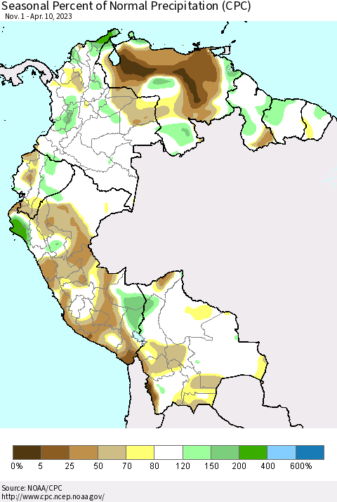 Northern South America Seasonal Percent of Normal Precipitation (CPC) Thematic Map For 11/1/2022 - 4/10/2023