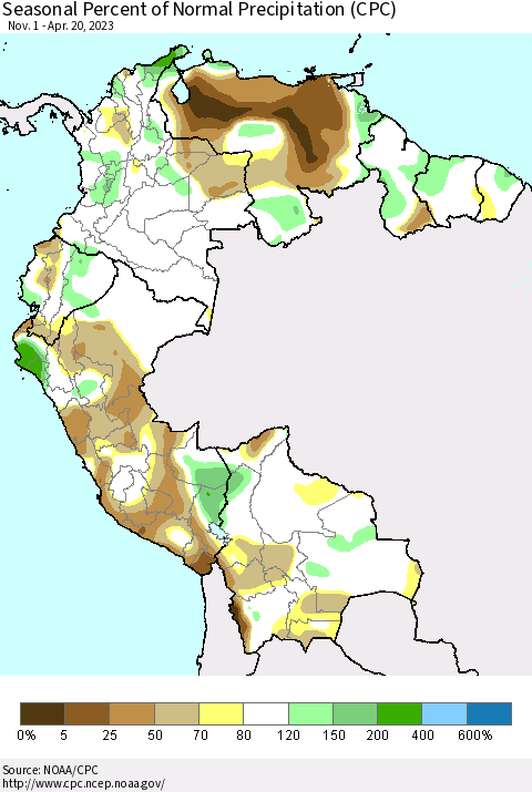 Northern South America Seasonal Percent of Normal Precipitation (CPC) Thematic Map For 11/1/2022 - 4/20/2023