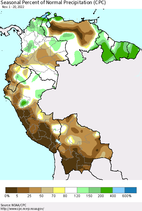 Northern South America Seasonal Percent of Normal Precipitation (CPC) Thematic Map For 11/1/2022 - 11/20/2022