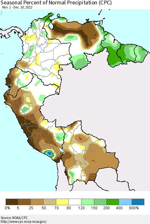 Northern South America Seasonal Percent of Normal Precipitation (CPC) Thematic Map For 11/1/2022 - 12/10/2022