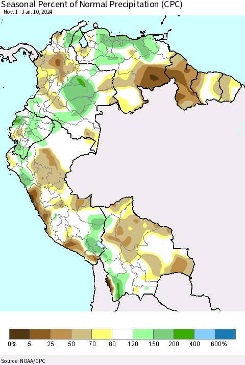 Northern South America Seasonal Percent of Normal Precipitation (CPC) Thematic Map For 11/1/2023 - 1/10/2024