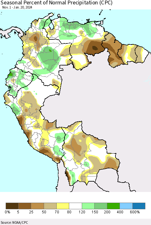 Northern South America Seasonal Percent of Normal Precipitation (CPC) Thematic Map For 11/1/2023 - 1/20/2024