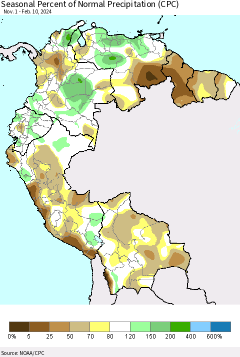 Northern South America Seasonal Percent of Normal Precipitation (CPC) Thematic Map For 11/1/2023 - 2/10/2024