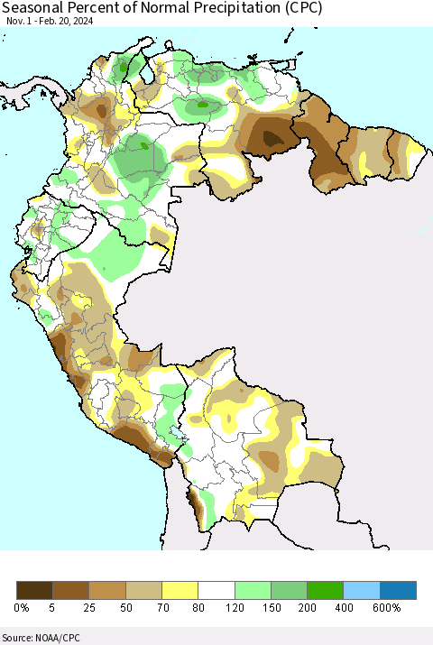 Northern South America Seasonal Percent of Normal Precipitation (CPC) Thematic Map For 11/1/2023 - 2/20/2024
